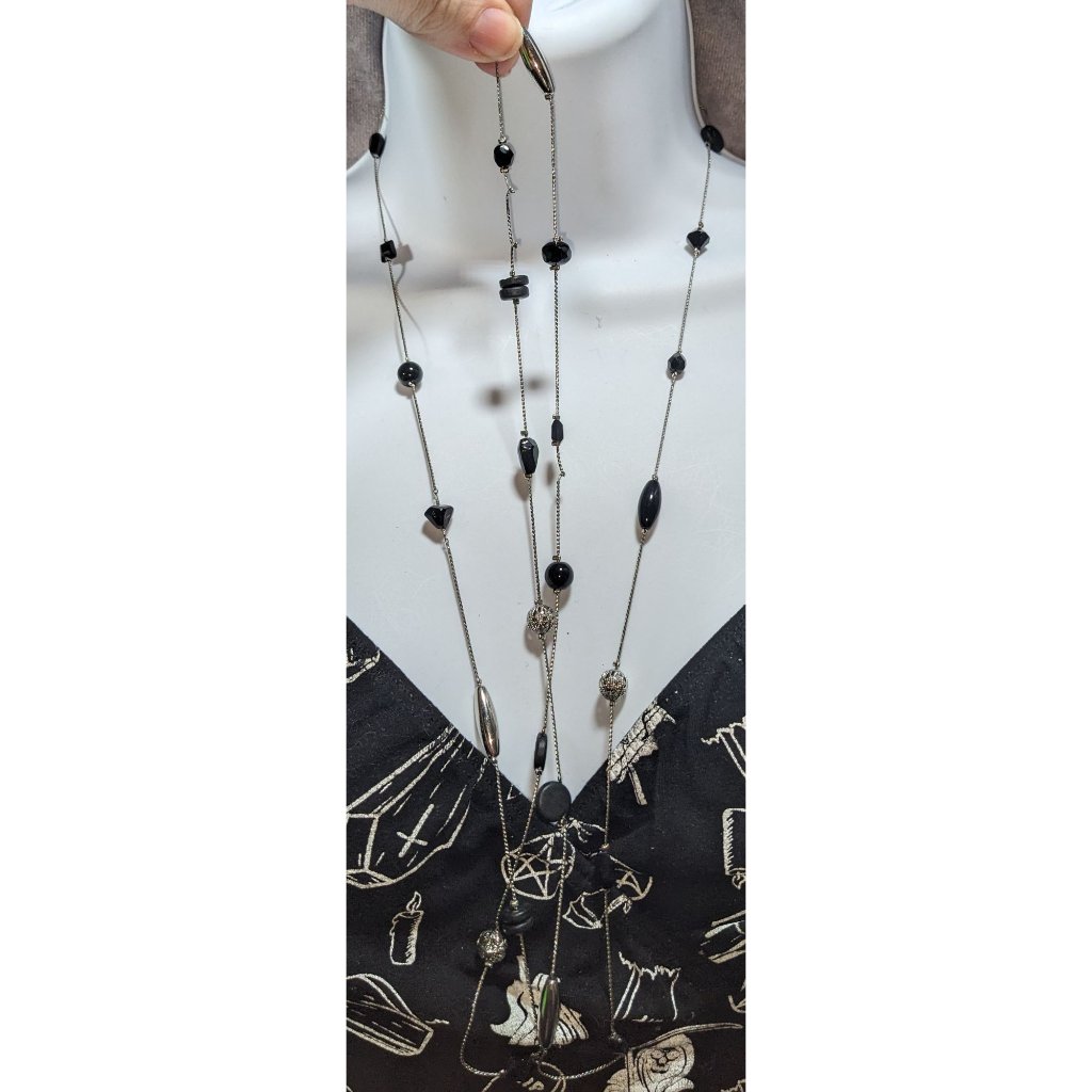 Black And Silver Beaded Opera Necklace